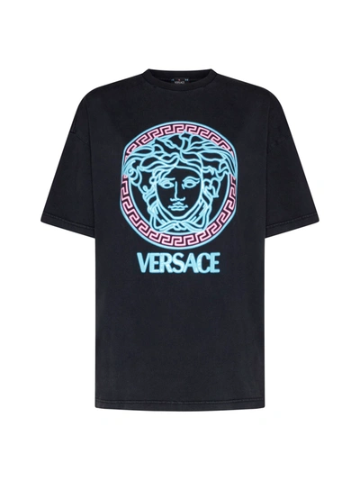 Versace T-shirt In Blacblack+neon Azur+neon Pink