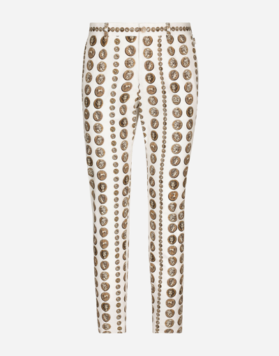 Dolce & Gabbana Coin Print Stretch Drill Pants In Monete_fdo_bco_nat