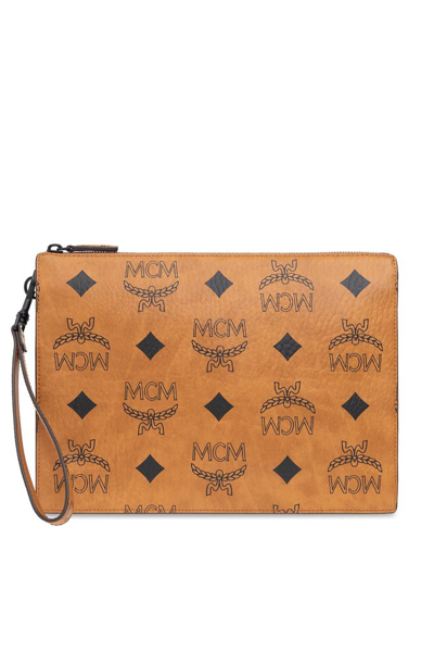 Mcm Visetos Monogrammed  Clutch Bag In Brown
