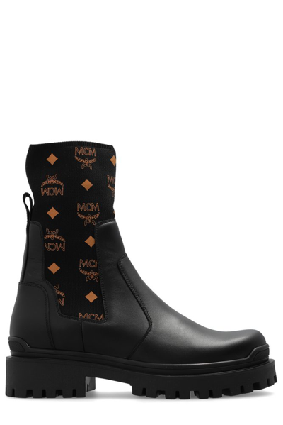 Mcm Monogram Detailed Ankle Boots In Black + Cognac