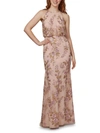 ADRIANNA PAPELL WOMENS EMBROIDERED MAXI HALTER DRESS