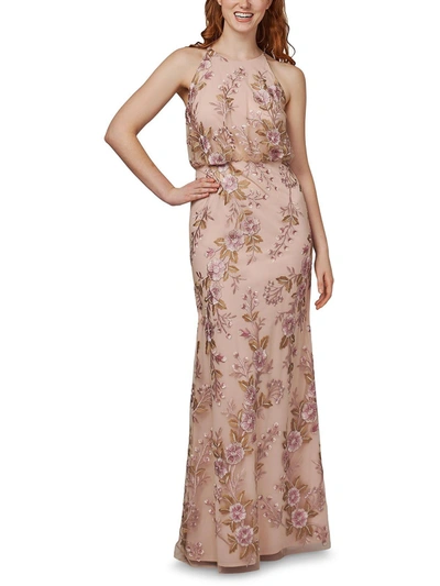 Adrianna Papell Womens Embroidered Maxi Halter Dress In Pink
