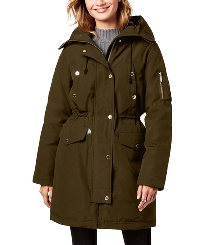 Michael Kors Cinch Waist Down Parka Puffer Jacket In Olive Green