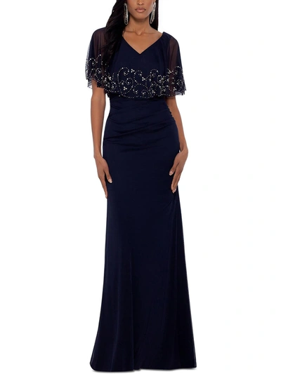 Betsy & Adam Petites Womens Embellished Capelet Evening Dress In Blue