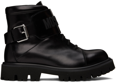 Moschino Black Buckle Boots In 00a * Fantasy Color