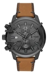 DIESEL GRIFFED CHRONOGRAPH QUARTZ LEATHER STRAP WATCH, 48MM