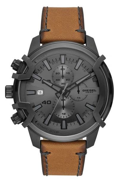 DIESEL DIESEL® GRIFFED CHRONOGRAPH QUARTZ LEATHER STRAP WATCH, 48MM