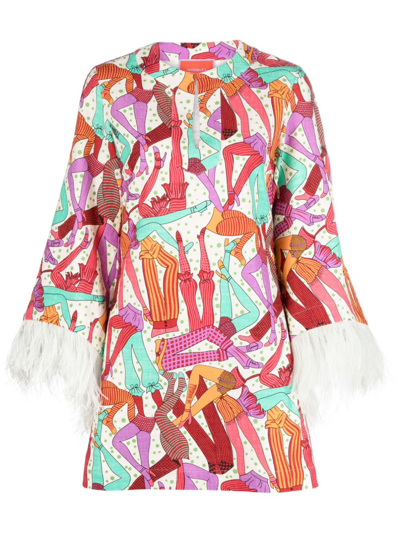 La Doublej Feather-trim Printed Cotton Dress In Smartypants