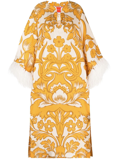 La Doublej Graphic-print Feather-trim Dress In Gold