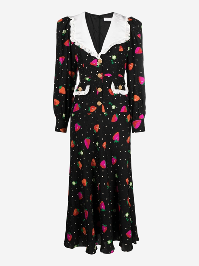 Alessandra Rich Strawberry Print Silk Jacquard Dress In Black