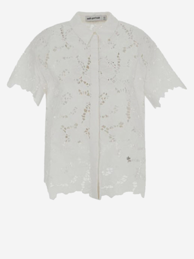 Self-portrait Short Sleeve Lace Cotton Shirt In White