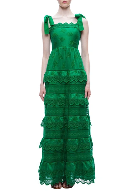 Alice And Olivia Vega Eyelet Tiered Maxi Dress In Dark Green