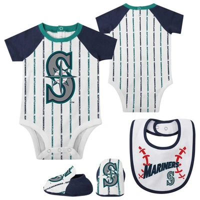 Outerstuff Babies' Newborn And Infant Boys And Girls White Seattle Mariners Three-piece Play Ball Raglan Bodysuit, Boot