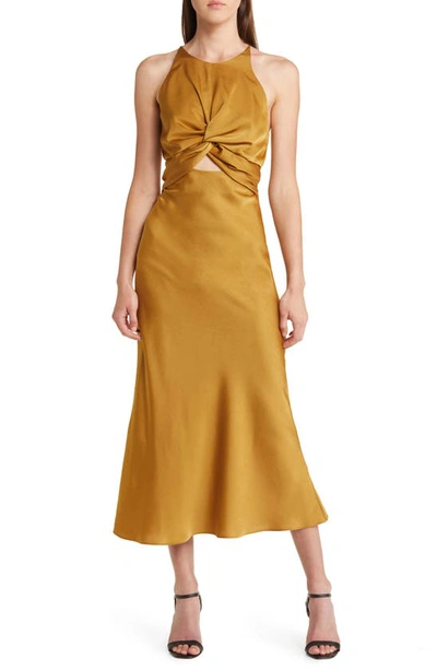 Floret Studios High Neck Twisted Bodice Sleeveless Dress In Mustard