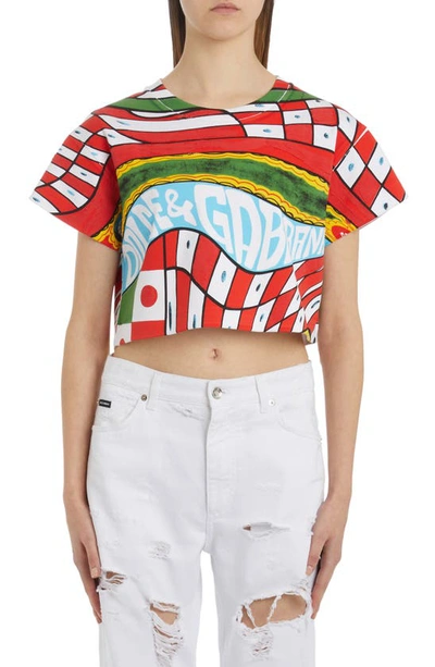 Dolce & Gabbana Mixed Print Crop Cotton Graphic T-shirt In Red Multicolor
