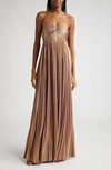 Retroféte Lyanna Metallic Pleated Strapless Gown In Purple/ Gold