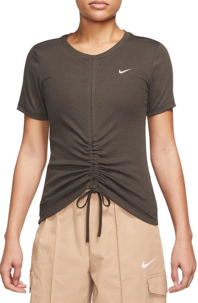 Nike Sportswear Essential Rib Ruched T-shirt In Baroque Brown/ Sail
