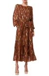 Ciebon Eryn Metallic Print Tie Waist Long Sleeve Maxi Dress In Brown