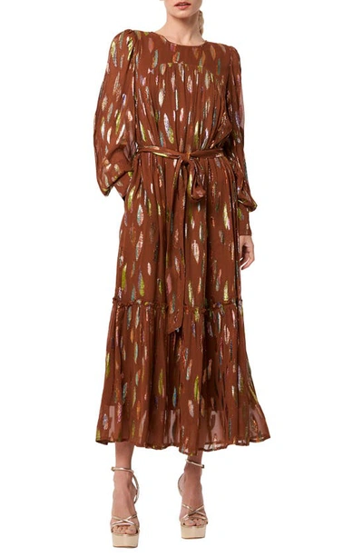 Ciebon Eryn Metallic Print Tie Waist Long Sleeve Maxi Dress In Brown