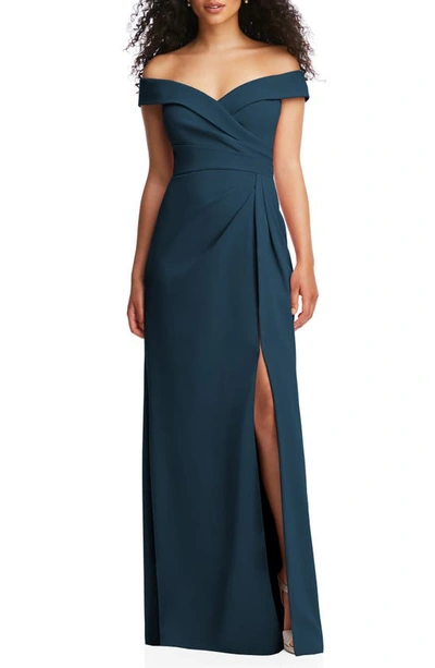 After Six Off The Shoulder Crepe Gown In Blue