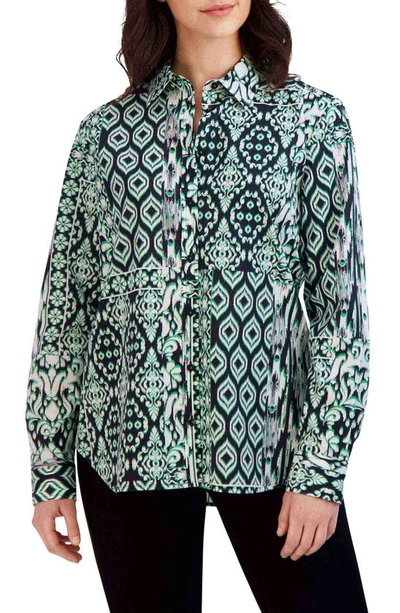 Foxcroft Ikat Print Boyfriend Button-up Shirt In Black Multi