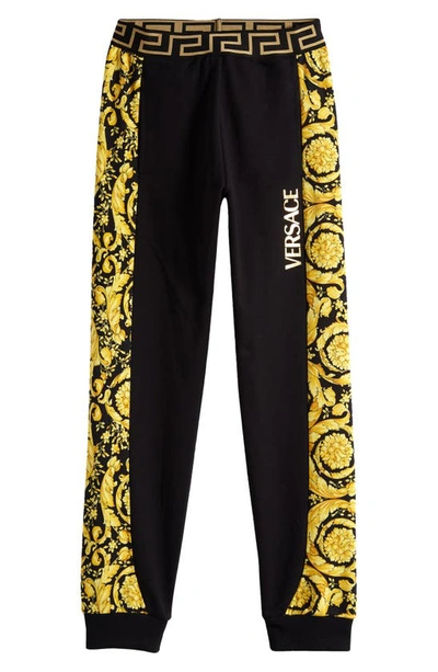 Versace Kids' Boy's Logo-print Barocco Trim Sweat Pants In Blackgold
