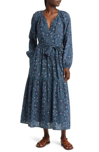 Xirena Ambrose Long Sleeve Cotton Dress In Indigo Flora