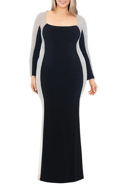 Xscape Beaded Long Sleeve Gown In Black Nude Silver