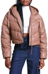 AVEC LES FILLES WATER RESISTANT HOODED CROP FAUX LEATHER PUFFER JACKET