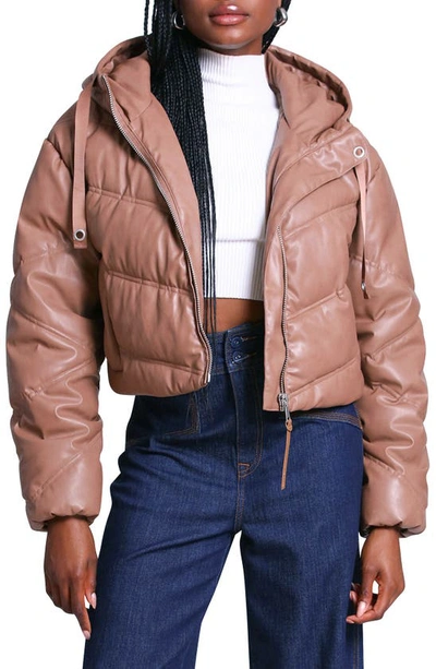 Avec Les Filles Water Resistant Hooded Crop Faux Leather Puffer Jacket In Mink