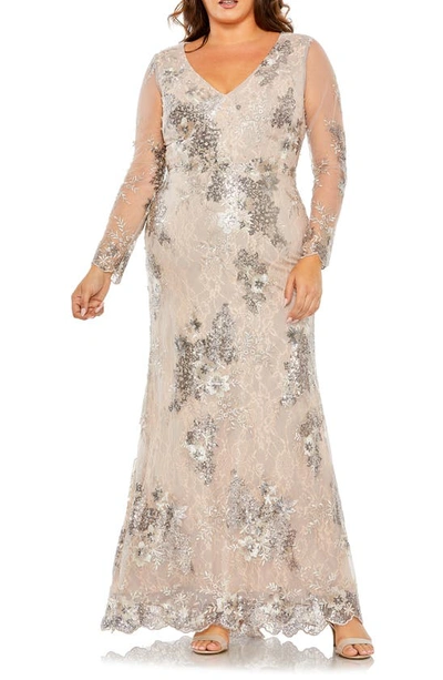 Fabulouss By Mac Duggal Sequin Embroidered Illusion Long Sleeve Gown In Taupe
