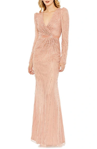 Mac Duggal Sequined Wrap Over Long Sleeve Gown In Rose