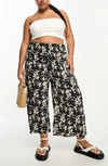 Asos Design Curve Floral Plissé Wide Leg Pants In Black Multi