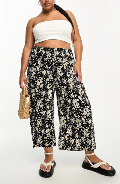 Asos Design Curve Floral Plissé Wide Leg Trousers In Black Multi