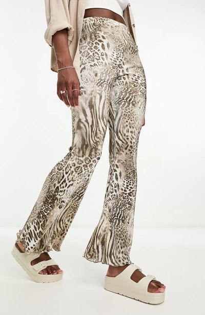 Asos Design Plisse Flare Pants In Mixed Animal Print-multi