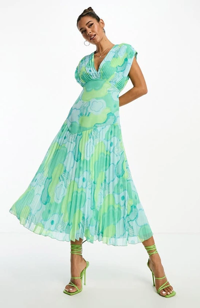 blue and yellow combination dress Asos Design ruffle off shoulder midi dress in green based blue floral –  Augusthouseofbrands main image 0