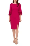 Adrianna Papell Feather Trim Crepe Sheath Dress In Rich Magenta
