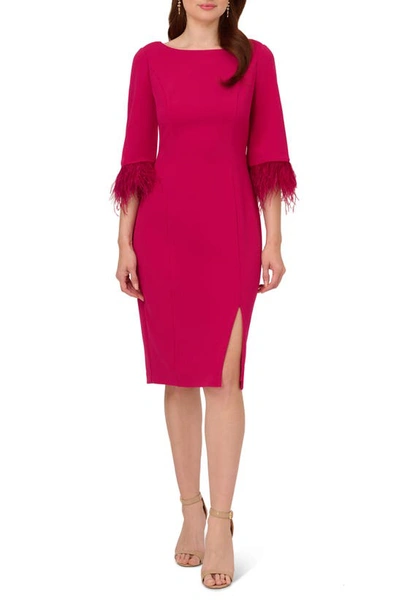 ADRIANNA PAPELL FEATHER TRIM CREPE SHEATH DRESS 