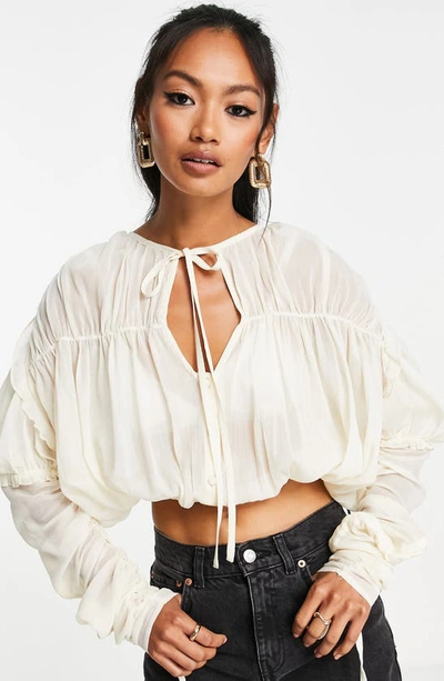 Asos Design Sheer Blouse With Ruched Sleeves & Blouson In Cream-white