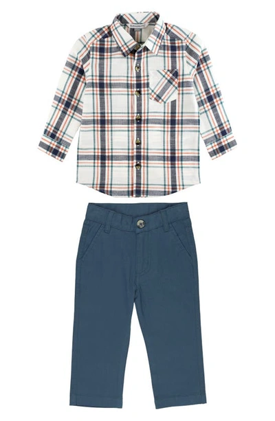 Ruggedbutts Kids' Plaid Button-up Shirt & Chino Trousers Set In Blue