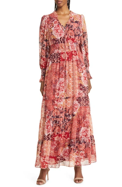 Julia Jordan Floral Smocked Waist Long Sleeve Maxi Dress In Coral Multi