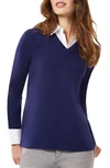 Jones New York Collared Shirt V-neck Sweater Combo Top In Pacific Navy/ Nyc White