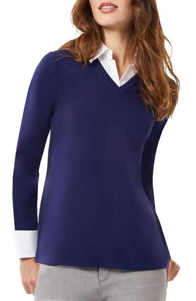 Jones New York Collared Shirt V-neck Sweater Combo Top In Pacific Navy/ Nyc White