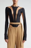 Mugler Illusion Inset Long Sleeve Bodysuit In Black Nude 01