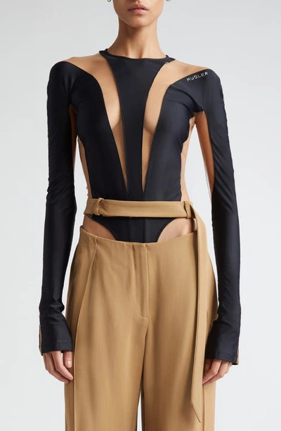 Mugler Illusion Inset Long Sleeve Bodysuit In Black