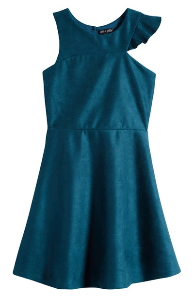 Ava & Yelly Kids' One-shoulder Ruffle Scuba Dress In Teal