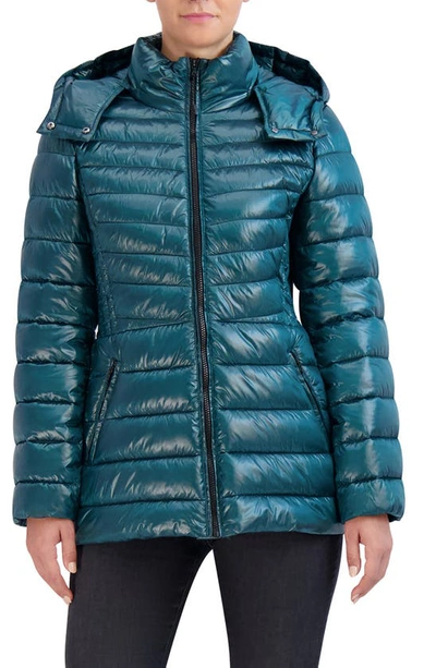 Cole Haan Signature Pearlized Mixed Quilt Hooded Puffer Coat In Emerald