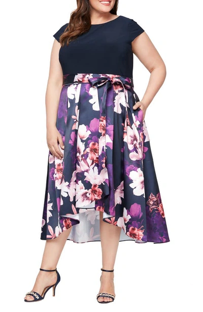 Sl Fashions Floral Tie Belt High-low Cocktail Dress In Navy Multi