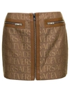 VERSACE VERSACE BROWN MINI -SKIRT WITH ALL-OVER LOGO LETTERING PRINT IN CANVAS WOMAN