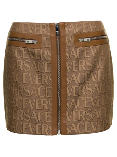 Versace Brown Mini -skirt With All-over Logo Lettering Print In Canvas Woman In New